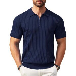Men's Zipper Polo Shirts Short Sleeve Ribbed Knit Polo T Shirts Navy Blue